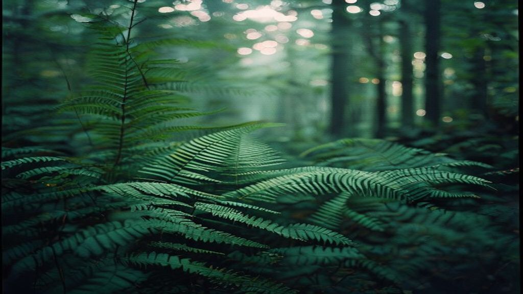 Dense native forest with dappled light creating patterns on fern-covered floor