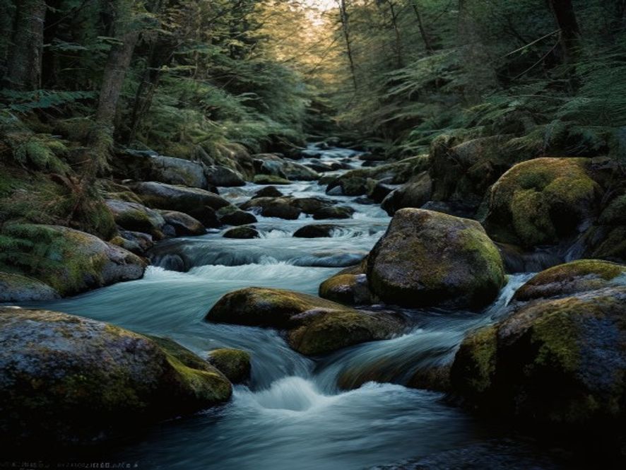 Beech forest stream flowing through moss-covered rocks
